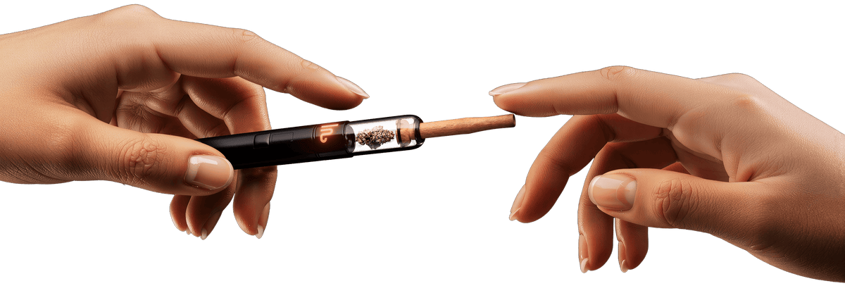 Two hands sharing a FLWRCRT flower cartridge